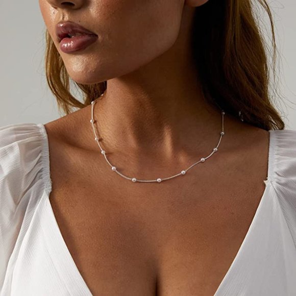 Dainty Pearl Choker Necklace for Women 14K Gold Plated Pearl Necklaces Simple - Picture 2 of 5